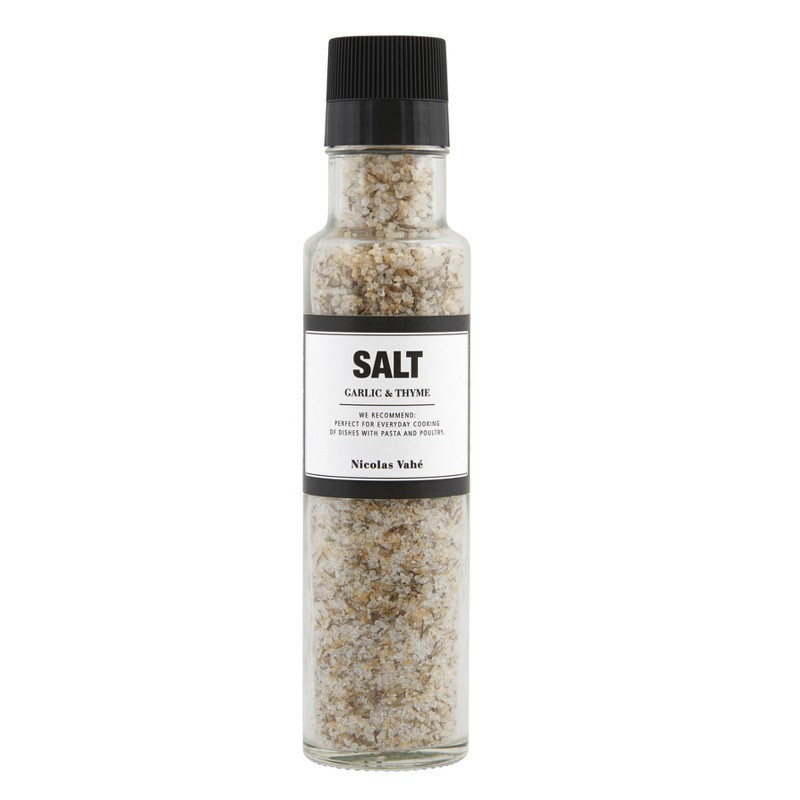 Salt med hvidløg og timian. Nicolas Vahé delikatesser. Salt med hvidløg og timian. Nicolas Vahé delikatesser.