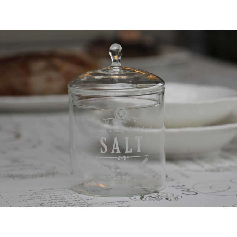 Saltkrukke med låg i glas. Saltkrukke med låg i glas.