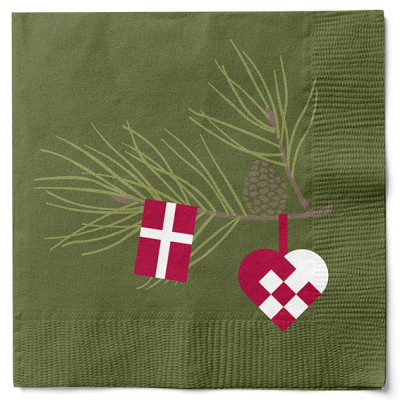 Servietter til julen. Grønne jule servietter med flag og hjerte.