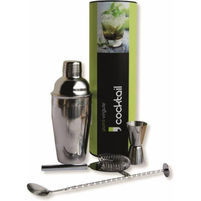 Cocktailsæt med shaker, målebæger, drinksske og si.