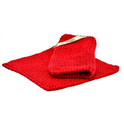 Røde strikkede grydelapper fra Solwang.