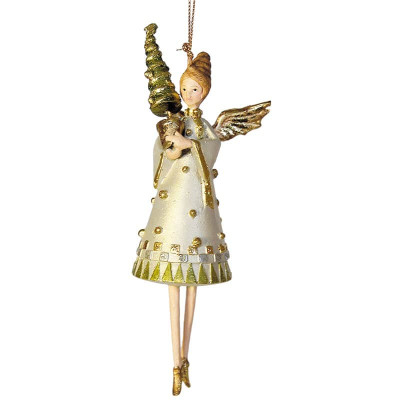 Håndlavet julepynt. Hvid engel med juletræ.