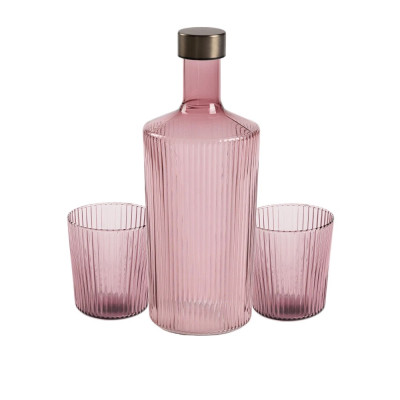 Paveau vandflaske i rillet farvet glas gammelrosa.