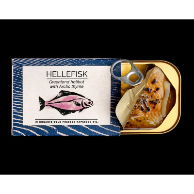 Hellefisk i olie på konservesdåse fra Fangst.