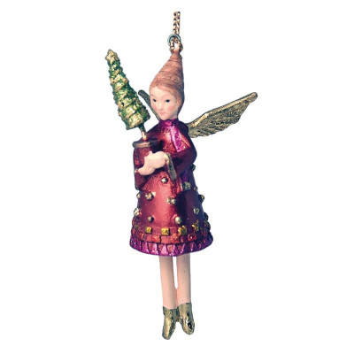 Engel med rød kjole og juletræ. Håndlavet julepynt.
