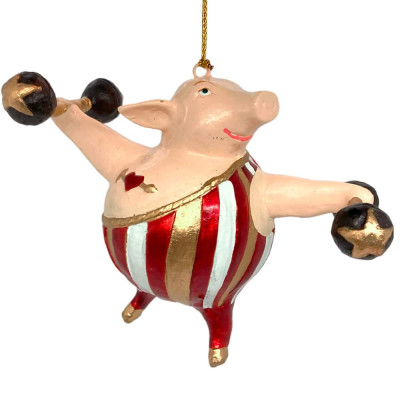 Gris med træningstøj og håndvægte. Håndlavet julepynt.