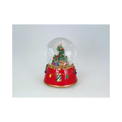 Spilledåse med sne, juletræ og musik.