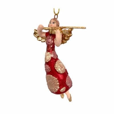 Håndlavet julepynt. Engel med rød kjole og violin.